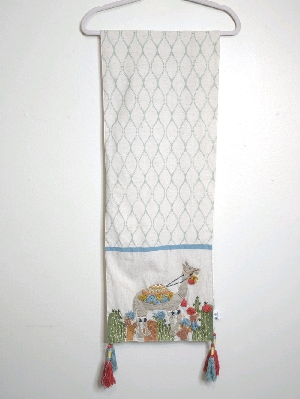 Pier 1 Imports Linen Cotton Embroidered Camel Beaded Tassel Table Runner Boho